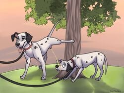 101_dalmatians 2boys animal_genitalia canid canine canis collar dalmatian dishka disney domestic_dog feral fully_sheathed fur gay leash male male_only mammal marking_territory markings outside peeing raised_leg sheath urine watersports what white_fur yaoi