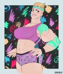 1girls 2d big_ass big_breasts blizzard_entertainment blonde_hair blue_eyes gym_shorts lipstick muscles muscular_female overwatch romeoblue short_hair smile totally_80's_zarya zarya