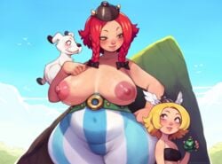 10s 2019 2girls areolae artist_name asterix asterix_and_obelix belly_bulge belt big_breasts blonde_hair blush braided_hair breasts cameltoe canine clothing cyancapsule dogmatix female female_only genderswap long_hair looking_at_another multiple_girls navel nipples obelix potion red_hair rule_63 sky sweat wide_hips