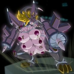 6_breasts 6_nipples areolae bandai_namco black_lips blonde_hair breast_expansion breasts breasts_out closed_eyes clothing_transformation corruption cyborg digimon digimon_(species) digimon_frontier dragon dragon_tail fangs helmet horns horns_through_headwear hresmon huge_breasts izumi_orimoto long_hair mankor metal_armor metal_wings metallic_body multi_breast nipples post_transformation purple_areolae purple_nipples purple_skin tail transformation transformation_sequence zoe_orimoto