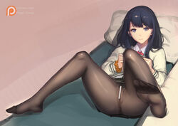 anus bangs black_hair black_legwear black_skirt blue_eyes censored couch crotch_seam earphones feet female legs_spread long_hair long_sleeves looking_at_viewer magic_xiang miniskirt orange_scrunchie pantyhose pleated_skirt pussy school_uniform scrunchie skirt smile solo ssss.gridman straight_hair takarada_rikka thighs white_cardigan wrist_scrunchie