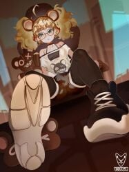 1girls bear_ears blonde_hair clothed eliza_(yeougui) feet female_masturbation fingering fingering_under_clothes glasses masturbation shoes shorts sitting solo stockings thighhighs yeougui