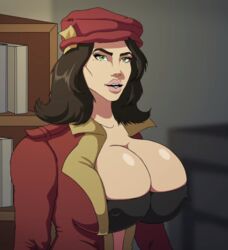 1girls alternate_breast_size big_breasts brown_hair cleavage clothed clothing erect_nipples eye_contact fallout fallout_4 female female_only green_eyes hat huge_breasts human jacket long_hair looking_at_viewer piper_wright screenshot shirt solo youtube