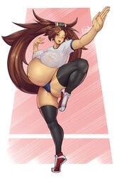 1girls big_breasts breasts brown_hair coffeeslice female female_only guilty_gear huge_belly kuradoberi_jam large_breasts long_hair panties pregnant ready_to_pop solo spread_legs stockings thick_thighs thighhighs wide_hips wink