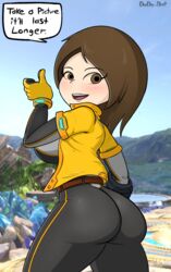 1girls absurdres ass ass_focus battlefield_(super_smash_bros) belt big_ass big_butt bimbo blush blushing bodysuit bodysuit_and_jacket bodysuit_under_clothes booty breasts brown_eyes brown_hair butt_focus clothing dat_ass dodo-bot female female_only gloves highres huge_ass human jacket looking_at_viewer looking_back mii mii_gunner mii_gunner_(smash_ultimate) mob_face nintendo open_mouth short_sleeves shoulder_length_hair solo super_smash_bros. super_smash_bros._ultimate tease teasing text thumbs_up tight_clothing