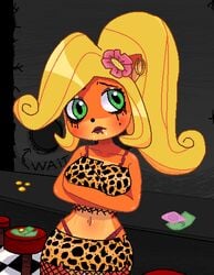 anthro bar_stool cash coco_bandicoot crash_(series) crash_bandicoot_(series) fishnet_legwear fishnets kempferzero leopard_print leopard_print_bikini mascara money prostitution ruined_makeup strip_club