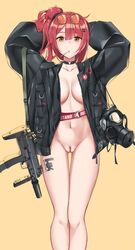 ahoge arms_behind_head baggy_clothes bangs black_coat blush body_writing breasts candy choker coat collarbone eyewear_on_head female food gas_mask girls'_frontline gun h&k_mp7 hagirussia_(sanyanyanya) hair_ornament heckler_&_koch innie_pussy jewelry lollipop looking_at_viewer mp7_(girls_frontline) navel nude_filter object_namesake orange_background pink_hair pussy signature solo stomach strap submachine_gun third-party_edit tinted_eyewear twitter_username uncensored unzipped vvy weapon yellow_eyes