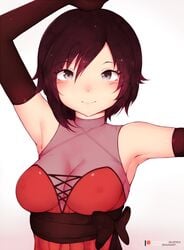 1girls armpits bluefield blush breasts cleavage female female_only large_breasts looking_at_viewer red_hair ruby_rose rwby short_hair silver_eyes solo