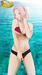 1girls bikini bikini_tug breasts cleavage clothed female female_only green_eyes hairband human large_breasts looking_at_viewer mouth_hold naruto naruto_shippuden navel outdoors pink_hair posing red_bikini sakura_haruno seductive short_hair signature solo standing underboob water watermark wink zephixe