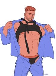 1boy 5_fingers abs amo amo9612 bara beard black_tank_top black_tie blazer blue_jacket blue_legwear blue_suit briefs character_request color cowboy_shot digital_media_(artwork) facial_hair feet_out_of_frame front_view gay ginger ginger_hair half-dressed human human_only jacket legwear light-skinned_male light_skin looking_to_the_side male male_only mostly_clothed muscles muscular muscular_male navel neutral_expression nipples open_cuffs open_fly open_jacket open_pants orange_hair pattern_clothing pattern_topwear pattern_underwear pecs plain_background polka_dot redhead shaved_sides shirt_lift solo solo_male standing stripper stripping suit suit_and_tie suit_jacket suit_pants tank_top tank_top_lift tie topwear underwear undressing watermark white_background yaoi