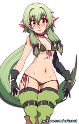 1girls bikini blush breasts cameltoe ear elf erkerut eyebrows eyebrows_visible_through_hair eyelashes female female_only gloves goblin_slayer green_eyes green_hair hairless_pussy high_elf_archer_(goblin_slayer) light-skinned_female light_skin long_hair looking_at_viewer nipples pointy_ears pussy small_breasts solo spread_legs twintails wide_hips