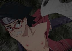 1girls bare_shoulders black_eyes black_hair boruto:_naruto_next_generations breasts clothing eeshin_(eishin5584) female glasses headband konohagakure_symbol kunoichi looking_at_viewer naruto nipples sarada_uchiha short_hair small_breasts solo solo_focus sweat weapon