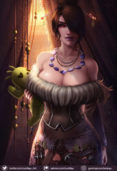 1girls bare_shoulders big_breasts breasts brown_hair cactuar cleavage clothed clothes clothing curvy dress female female_only final_fantasy final_fantasy_x fur hair hair_ornament hair_over_one_eye large_breasts looking_at_viewer lulu_(final_fantasy) luminyu milf necklace purple_lipstick red_eyes solo solo_focus square_enix video_games voluptuous