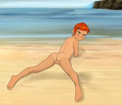 1girls anaxus anus ass back_view barefoot beach ben_10 blush calf_muscles cameltoe cleft_of_venus embarrassed female female_only green_eyes gwen_tennyson innie_pussy looking_at_viewer looking_back mound_of_venus ocean on_floor orange_hair outdoors puffy_pussy pussy sand short_hair slit small_breasts solo tanline