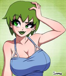 1girls big_breasts breasts cleavage female foo_fighters green_eyes green_hair huge_breasts jojo&#039;s_bizarre_adventure light-skinned_female light_skin lipstick short_hair shounen_jump simmsy solo stone_ocean