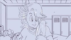 animated bandage bandages black_and_white bulma_(long_hair) bulma_briefs bulma_briefs_(post_saiyan_saga) dragon_ball dragon_ball_z female gif grayscale hospital large_penis open_eyes open_mouth orange-peel penis penis_awe penis_grab son_goku staring_at_penis