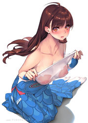 1girls ahoge areolae bare_shoulders blue_tail blush breasts brown_hair clavicle clothed_female clothing erect_nipples erect_nipples_under_clothes female fingerless_gloves fingernails gloves high_resolution jpeg kneeling large_breasts long_fingernails long_hair looking_at_viewer mermaid_costume nipples open_mouth original red_eyes sasaoka_gungu see-through simple_background solo wet wet_clothes white_background