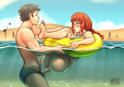 1boy 4girls ball barefoot beach bikini blush bottomless feet green_eyes lifebuoy looking_at_another menoziriath multiple_girls partially_submerged penis public_sex red_hair sand sea sex soles stealth_sex swimsuit topless underwater