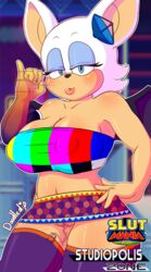 anthro big_breasts breasts clothed clothing doodle_dip female gloves hi_res lipstick looking_at_viewer makeup male mammal membranous_wings prostitution pussy rouge_the_bat sex_toy skimpy solo sonic_(series) text thick_thighs video_games wings