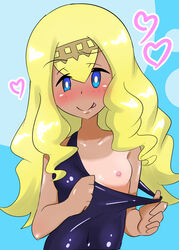 1girls :p a.k.o.t. alternate_hairstyle areola bare_shoulders blonde_wig blue_background blue_eyes blush breasts closed_mouth clothed collarbone covered_navel eye_contact eyebrows_visible_through_hair female female_only flashing freckles game_freak hairband heart highres human lana_(pokemon) light-skinned_female light_skin long_hair looking_at_viewer mob_face nintendo nipples one_breast_out pokemon pokemon_sm shiny shiny_clothes shiny_skin small_breasts smile solo swimsuit swimsuit_pull tan tanline tanlines tongue tongue_out upper_body