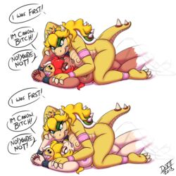 2018 absurd_res alternate_species anthro arms_above_head big_breasts blonde_hair blue_eyes bowsette breast_squish breasts catfight clenched_teeth crown dialogue drxii duo english_text female hair hi_res horn horned_humanoid humanoid humanoidized koopa mario_(series) new_super_mario_bros._u_deluxe nintendo nipples nude pinned princess_koopa princess_peach red_bowsette red_eyes rule_63 scalie simple_background smaller_version_at_source speech_bubble super_crown super_mario_bros. teeth text video_games white_background wrestling