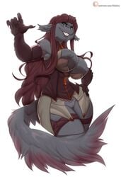 absurd_res anthro black_fur breasts claws curvaceous dark_hair dragon female fur furred_dragon green_eyes hi_res huge_breasts large_breasts large_tail long_tail nipples pussy red_hair riipley sharp_teeth smile solo standing thick_thighs wide_hips