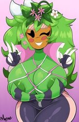 1girls artist_name big_breasts blaster_master blaster_master_zero blaster_master_zero_2 bmayneart bodysuit breasts cleavage clothing female female_only flower green_hair green_skin hair huge_breasts kanna_(blaster_master) large_breasts long_hair mob_face one_eye_closed plantie solo thick_thighs unzipped_bodysuit watermark watermelon_bra watermelon_nets zipper