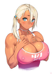 1girls 2019 april_fools big_breasts blush breasts cleavage dark-skinned_female dark_skin female female_only large_breasts looking_at_viewer muscular_female original sela_(sela_god) sela_god solo wedding_ring white_background