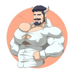 1boy annoyed areolae bara beard ben_cream big_nipples big_pecs black_hair blue_eyes breast_growth breasts_bursting_out busty clothed cow_boy cow_horns dark_hair facial_hair frown hands_on_hips horns kartos large_areolae light_skin looking_at_breasts male male_only moobs moustache muscle_growth muscular nipple_bulge nipples nipples_visible_through_clothing pecs popped_button puffy_nipples revealing_clothes shiny_skin shirt solo tight_clothing tight_shirt xianos