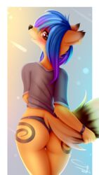 2019 anthro black_nose blue_hair canid canine clothed clothing ear_piercing ear_ring female fox fur hair hi_res mammal omiart orange_fur piercing red_eyes smile solo standing