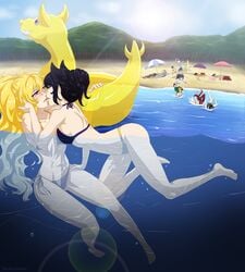 3boys 6+girls abs alternate_costume alternate_hairstyle animal_ears back bare_back bare_legs bare_shoulders barefoot beach bikini black_hair blake_belladonna blonde_hair blush breasts canon_couple cat_ears clothing couple day eye_contact feet female full_body hair_between_eyes half-closed_eyes highres human kissing legs lens_flare long_hair looking_at_another medium_breasts multiple_boys multiple_girls ocean open_mouth outdoors partially_submerged partially_underwater_shot ponytail rwby short_hair side-tie_bikini sideboob submerged swimming swimsuit underwater yang_xiao_long yaya_(y8ay8a) yuri