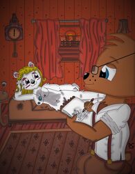 :3 alcohol anthro aquarius_rose_l._george bear beverage blush brownbearedurardo clock curtains draw_me_like_one_of_your_french_girls drawing duo edurardo female furry male navel necklace nude pose pussy solo_focus sunset tagme wine wine_glass