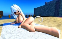 1girls 2024 3d ass beach big_breasts blush breasts demon_tail googles laying laying_on_side laying_on_towel looking_at_viewer millie_(gjgu) nipples outside presenting request roblox roblox_rthro robloxian self_upload solo_focus tpaktop white_hair