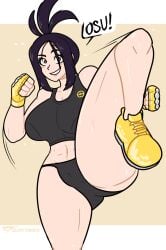 abs black_hair blush clenched_hand dendra_(pokemon) dialogue gloves gym_clothes kicking muscles pokemon pokemon_sv scar silenttandem smile sweat tanktop teacher thick_thighs