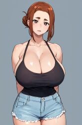 ai_generated brunette_hair gigantic_breasts gilaruvia hair_bun huge_breasts jean_shorts kaii_to_otome_to_kamikakushi light-skinned_female light_skin looking_at_viewer massive_breasts mature_female milf purple_eyes sumireko_ogawa tank_top thick_thighs thighs voluptuous voluptuous_female