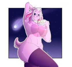 alien alien_girl big_breasts big_legs big_nipples blue_eyes female female_only fur furry furry_only huktol luntik luntik's_mom melnitsa milf mommy moonzy moonzy's_mom multi_ear nipples nipples_outside russian russian_girl stockings tagme tail tummy