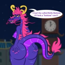 anthro ass belle_bottom_(minions) blurred_background breasts clock clock_tower despicable_me detailed_background dragon eastern_dragon english_text female genitals hand_on_butt hi_res illumination_entertainment looking_back minions_(movie) mythological_creature mythological_scalie mythology outside purple_body pussy scalie sharkinwaves solo spread_butt spreading text whiskers