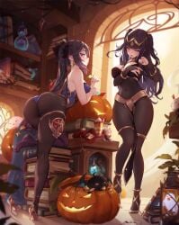 2girls ass bat_(animal) bent_over black_hair black_nails blunt_bangs bodystocking boo_tao_(genshin_impact) book book_stack bookshelf bracelet breasts bridal_gauntlets candy cosplay costume_switch covered_navel female female_only fire_emblem fire_emblem_awakening food genshin_impact green_eyes halloween hat high_heels jewelry large_ass large_breasts leg_up leotard long_hair looking_at_viewer medium_breasts mitsu_(mitsu_art) mitsu_art mona_(genshin_impact) multiple_girls nail_polish nintendo pantyhose pumpkin purple_eyes smile tharja_(fire_emblem) twintails two_side_up very_long_hair witch