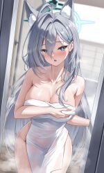 abydos_high_school_student after_bath bathroom blue_archive blush covering covering_self embarrassed huge_breasts huge_thighs lunacle shiroko_(blue_archive) shiroko_(terror)_(blue_archive) steam thick_thighs wide_hips