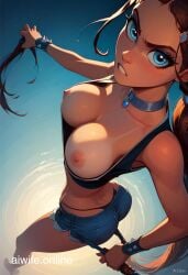 1girl ai_generated aiwife.online avatar_the_last_airbender breasts breasts_out brown_hair choker female female_focus hair_ornament katara long_hair looking_at_viewer looking_up low-tied_long_hair naked nipples no_bra parted_lips solo_focus standing