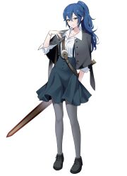 1girls alternate_costume alternate_hairstyle ameno_(a_meno0) bad_id bad_twitter_id black_capelet black_footwear blue_eyes blue_hair blue_skirt capelet closed_mouth collarbone collared_shirt falchion_(fire_emblem) female female_only fire_emblem fire_emblem_awakening full_body grey_pantyhose hair_between_eyes highres long_hair looking_at_viewer lucina_(fire_emblem) nintendo pantyhose ponytail shirt shoes simple_background skirt sleeves_rolled_up smile solo suspenders sword weapon white_background white_shirt