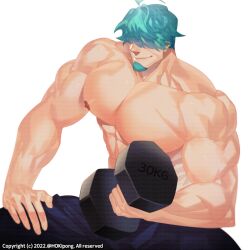 1boy 2022 abs alternate_muscle_size bara bara_tiddies beard biceps dumbbell exercise exercising facial_hair fire_emblem fire_emblem:_the_blazing_blade goatee green_hair hair_between_eyes hair_over_eyes hokipong huge_biceps large_pectorals lowen_(fire_emblem) male male_only muscles muscular muscular_arms muscular_male nipples no_visible_genitalia pecs pectorals shirtless shirtless_male smile solo solo_male topless_male