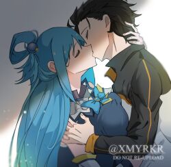 1boy 1girls aqua_(konosuba) blue_hair crossover female isekai_quartet kiss kissing kono_subarashii_sekai_ni_shukufuku_wo! konosuba male natsuki_subaru re:zero_kara_hajimeru_isekai_seikatsu