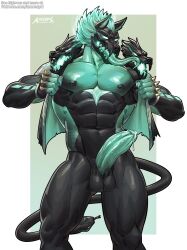 abs amon-sydonai anthro big_pecs bodily_fluids bone bulge canid canid_demon canine canis cerberus_(fortnite) claws clothed clothing demon digital_media_(artwork) epic_games erection fangs fortnite genital_fluids genital_outline glowing glowing_eyes green_body green_eyes hellhound hi_res long_tongue male male_only mammal muscular muscular_anthro muscular_male mythological_canine mythological_creature mythology nipples open_clothing open_shirt open_topwear pecs precum sharp-teeth shirt simple_background skull skull_head solo tail teeth tongue tongue_out topwear