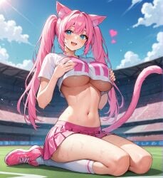 2d ai_generated athletic big_breasts blue_eyes bra breasts cat_ears cat_girl cat_tail catgirl cleavage cosplay curvy_female ear_tag excited female female_focus fit_female front_view girl heart hearts_around_head huge_breasts humanoid kanako kanako_vt kneeling kneeling_female legs_apart lewdtuber light_skin long_hair long_socks mature_female mature_woman midriff neko outfit pale_skin penis pink_hair pose sfw shiny_skin sweat sweating thick_thighs thigh_highs virtual_youtuber