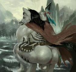 animal_genitalia anthro anus arterian_(character) ass backsack balls blue_eyes canid canine canis cape clothing crouching fur hi_res killioma looking_back male male_only mammal mostly_nude outside sheath solo white_body white_fur wolf