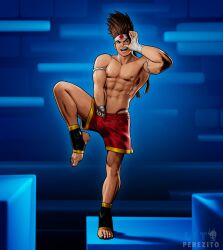 1boy 3d 3d_(artwork) 3d_model brown_hair daemoncollection day daytime fighter japanese joe_higashi king_of_fighters lean_muscle male male_focus male_only martial_artist outdoor_nudity outdoors public reaching_down_pants snk solo solo_focus solo_male touching_self victory_pose yaoi