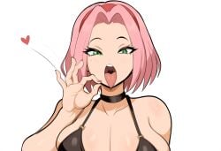 1girls ai_generated facing_viewer fellatio_gesture female inviting_to_sex large_breasts looking_at_viewer mullon naruto novelai open_mouth pink_hair sakura_haruno sakura_haruno solo suggestive suggestive_gesture tongue