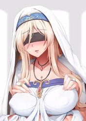 1boy 1girls animated blindfold blonde_hair clothed cum cum_on_clothes ejaculation female ginhaha goblin_slayer large_breasts light-skinned_female light-skinned_male light_skin longer_than_30_seconds male paizuri penis sound sword_maiden_(goblin_slayer) uncensored video