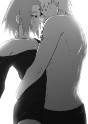 1boy 1boy1girl 1girls adult_and_teenager age_difference arm_tattoo barely_clothed blush bottomless_female breasts cleavage couple facial_scar forehead_mark hatake_kakashi highres imminent_kiss implied_sex kazumiartwork long_hair looking_at_each_other looking_at_partner male/female monochrome naruto naruto_(series) naruto_shippuden no_bra off_shoulder older_man_and_teenage_girl pants romantic romantic_couple sakura_haruno scar scar_across_eye shirt shirtless shirtless_(male) short_hair spiky_hair spread_legs standing straight tattoo teen teenage_girl teenager uncensored underwear